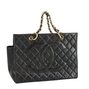 CHANEL Matelasse Chain Hand Bag Lamb Skin Black Gold CC Auth